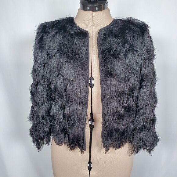BCBG Maxazria Women's Jacket Size XS Black Fringed Jaxon Party Chevron - Picture 2 of 12